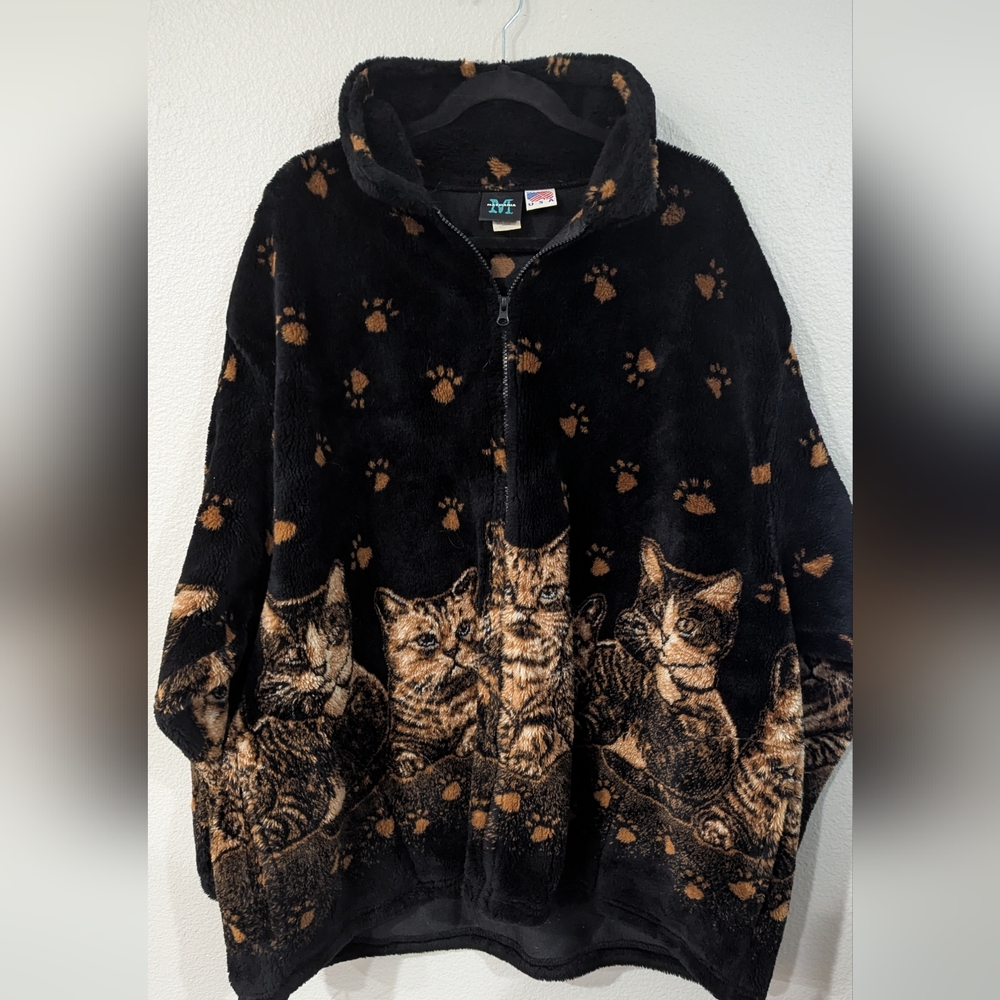 Vintage Mazmania Cozy Black and Brown Cat Print Fleece Jacket XXXL